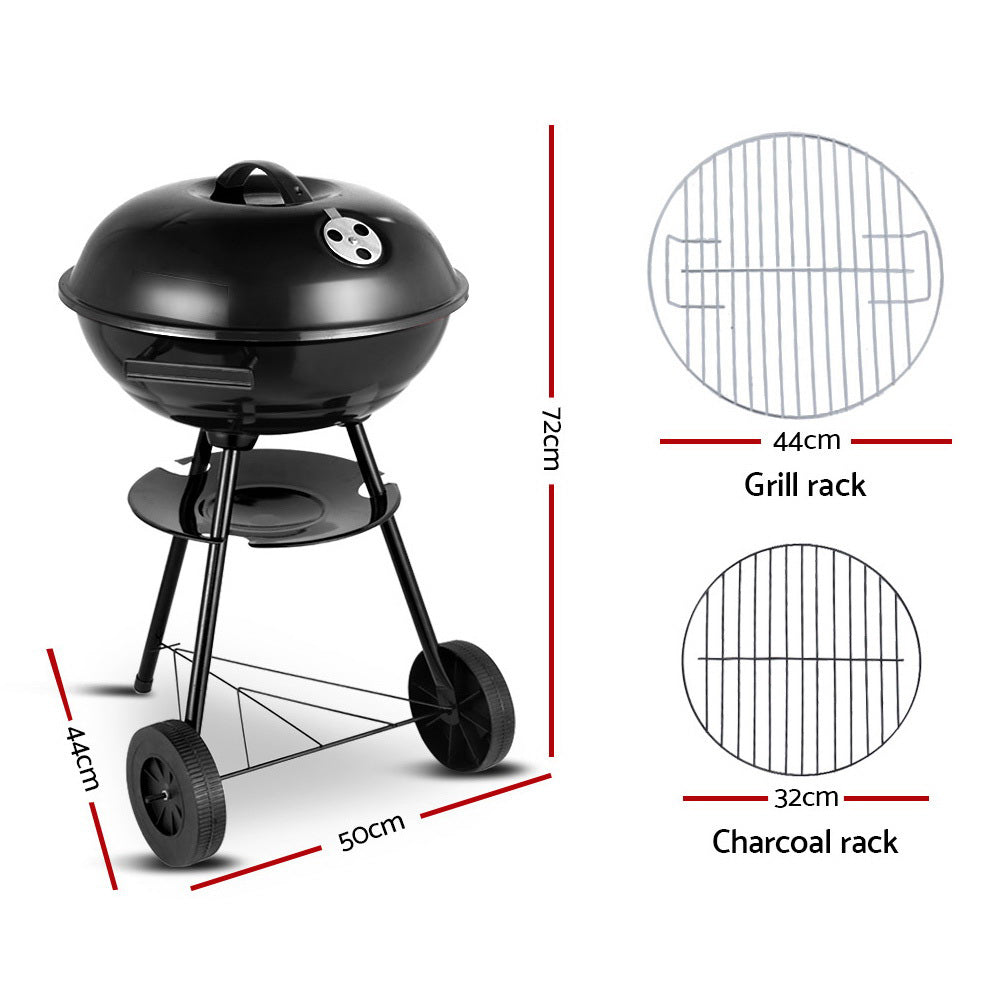 Black charcoal grill with dimensions and grill rack details on a white background