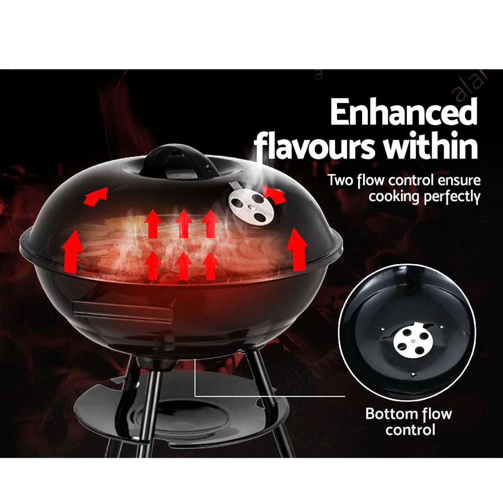 Barbecue grill with enhanced flavoring features and flow control system on a dark background.
