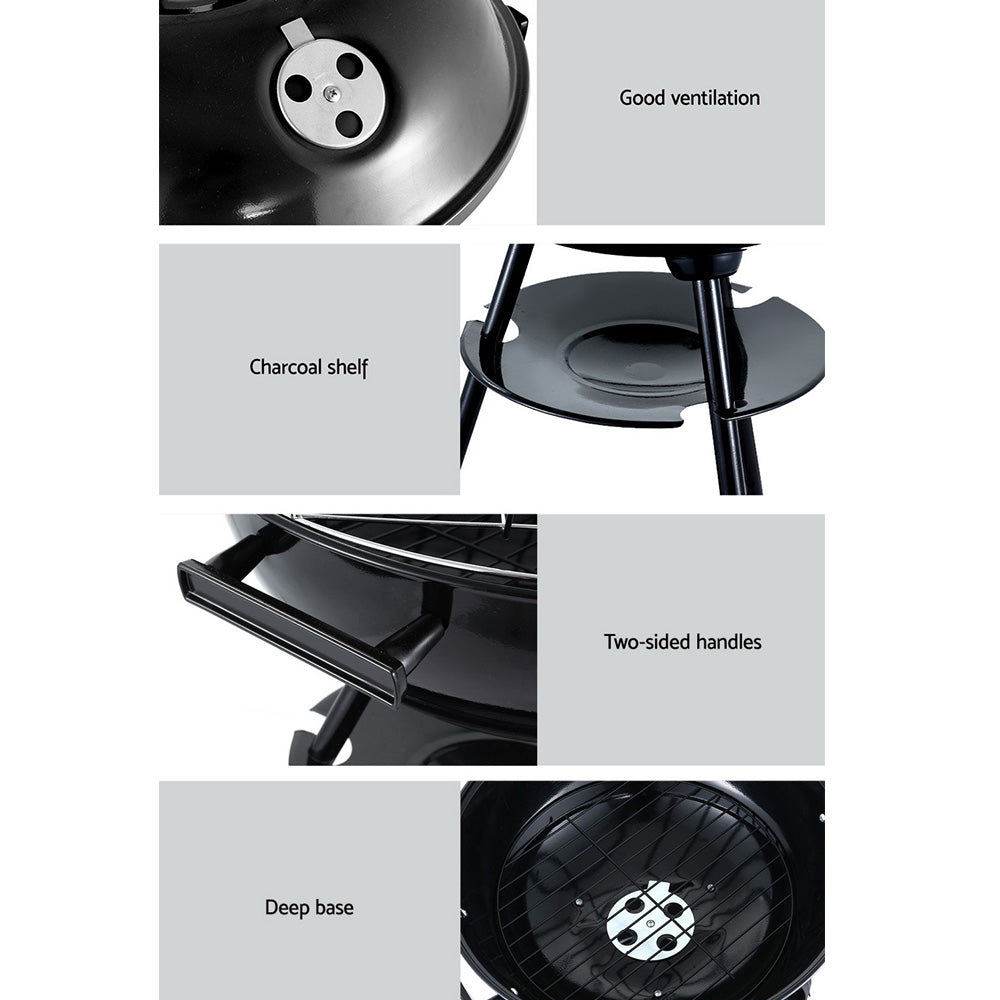 Black grill with labeled features on a white background