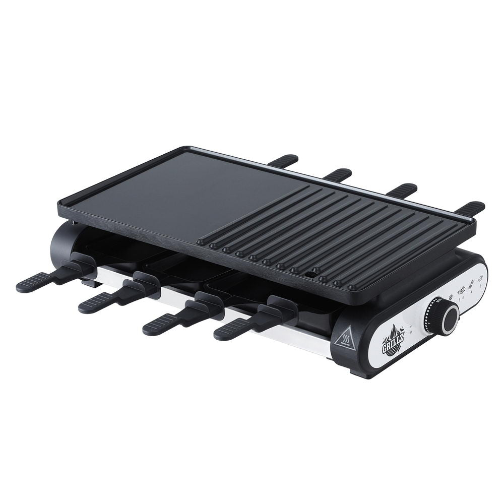 Black electric grill with multiple cooking plates on a white background