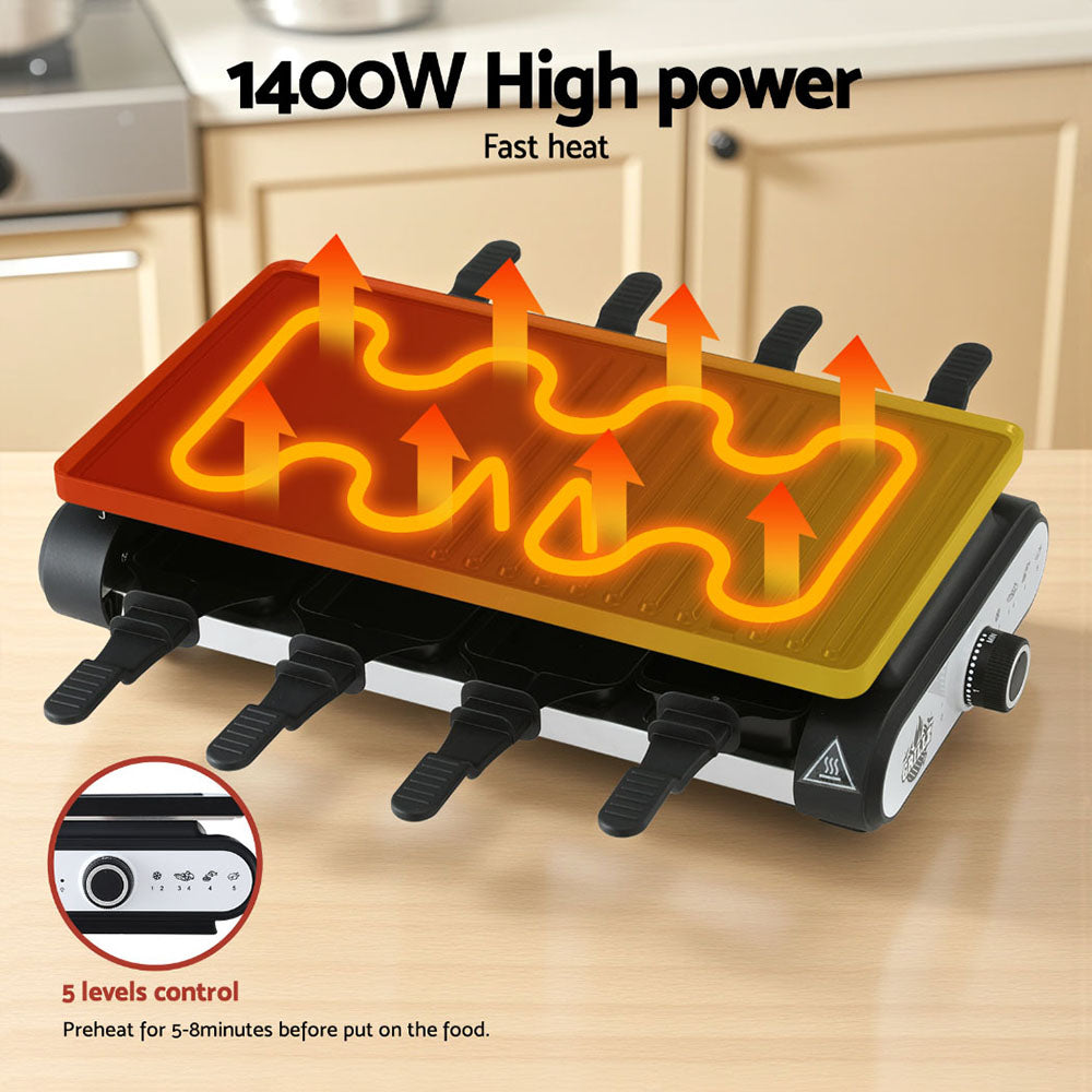 Electric grill with heating elements and power rating on a kitchen counter.