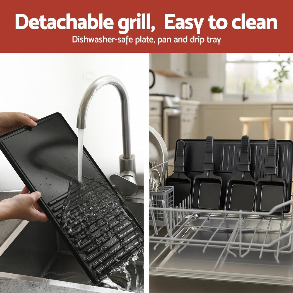 Detachable grill with dishwasher-safe plate, pan, and drip tray in a kitchen setting.