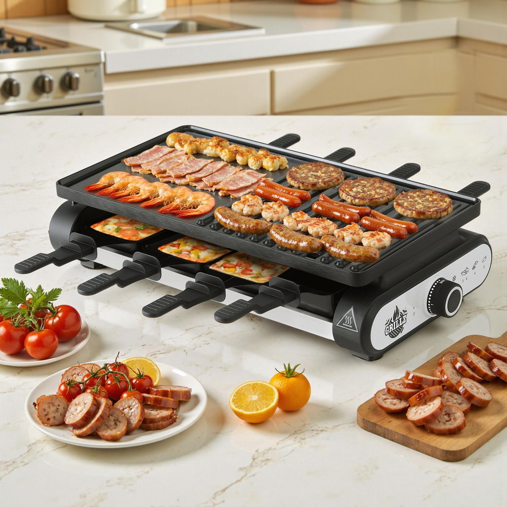 Electric grill with various foods on a kitchen counter
