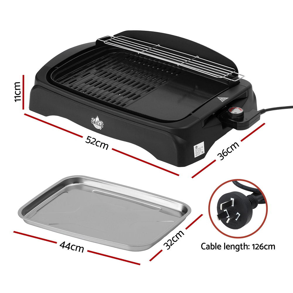 Black electric grill with dimensions and cable length indicated