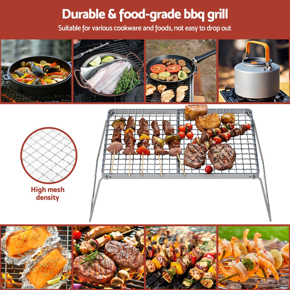 Collage of a durable food-grade BBQ grill with various cooking items and text highlighting its features.