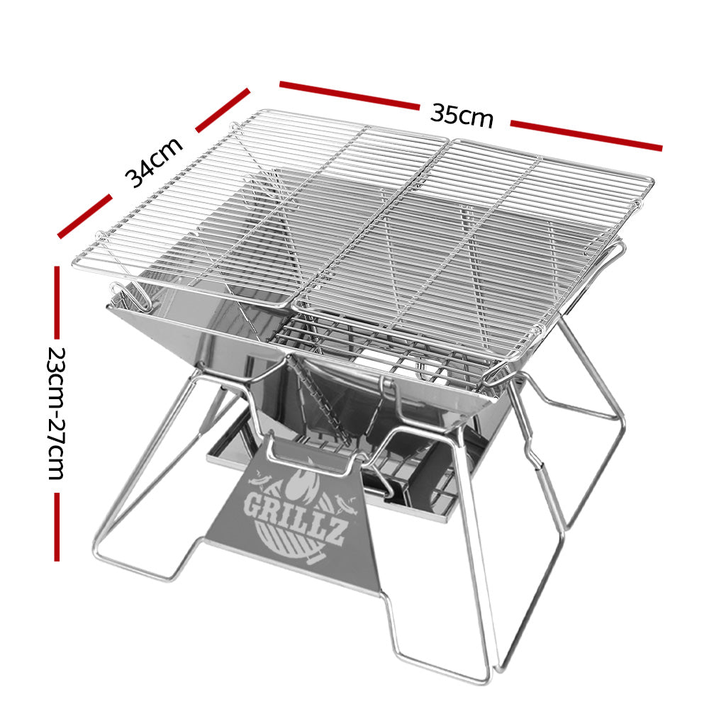 Portable grill with dimensions labeled on a white background