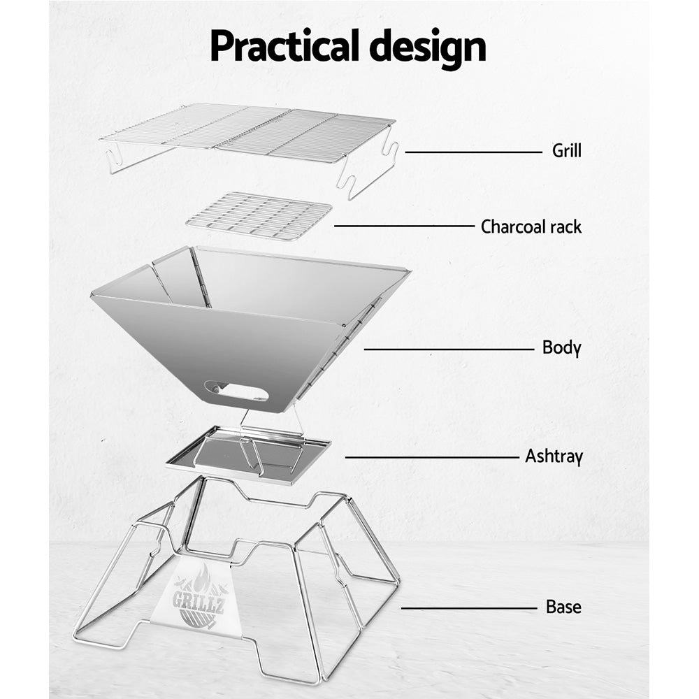 Diagram of a portable grill with labeled parts on a white background