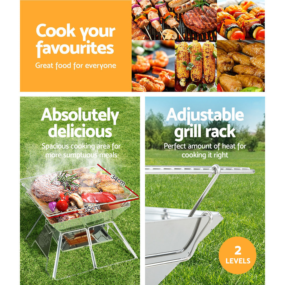 Promotional graphic for a portable grill with images of food and text highlighting features.