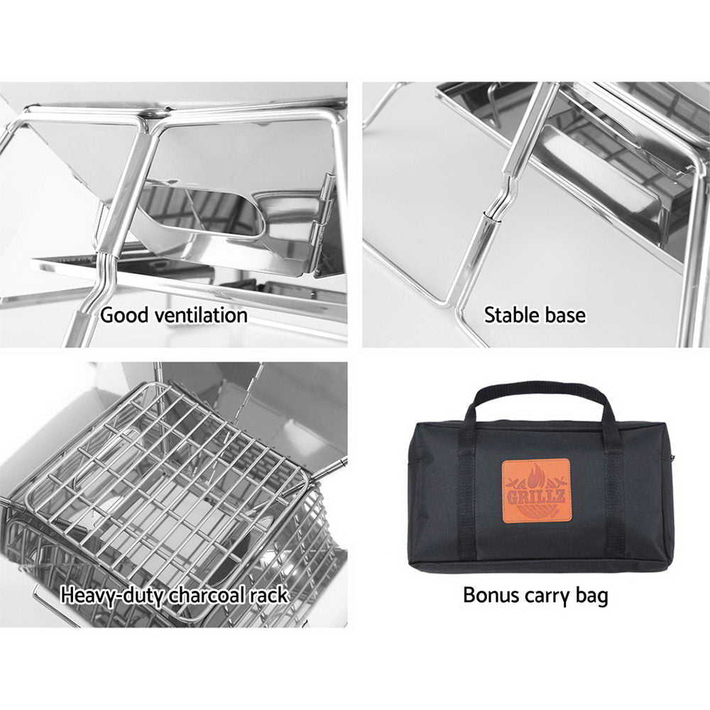 Collage of a grill with features labeled: good ventilation, stable base, heavy-duty charcoal rack, and a bonus carry bag.