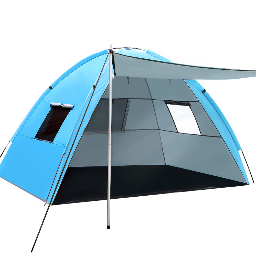 Blue and gray tent with mesh windows on a white background