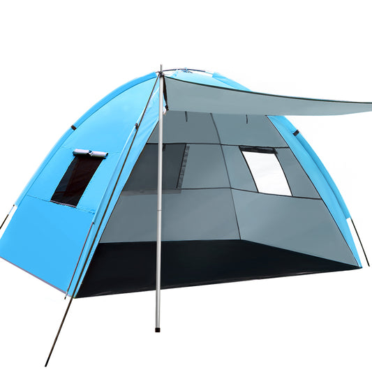 Blue and gray tent with mesh windows on a white background
