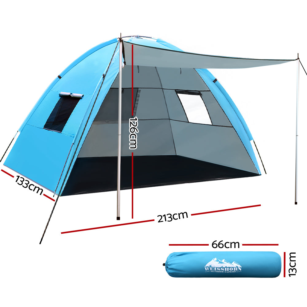 Blue camping tent with measurements on a white background