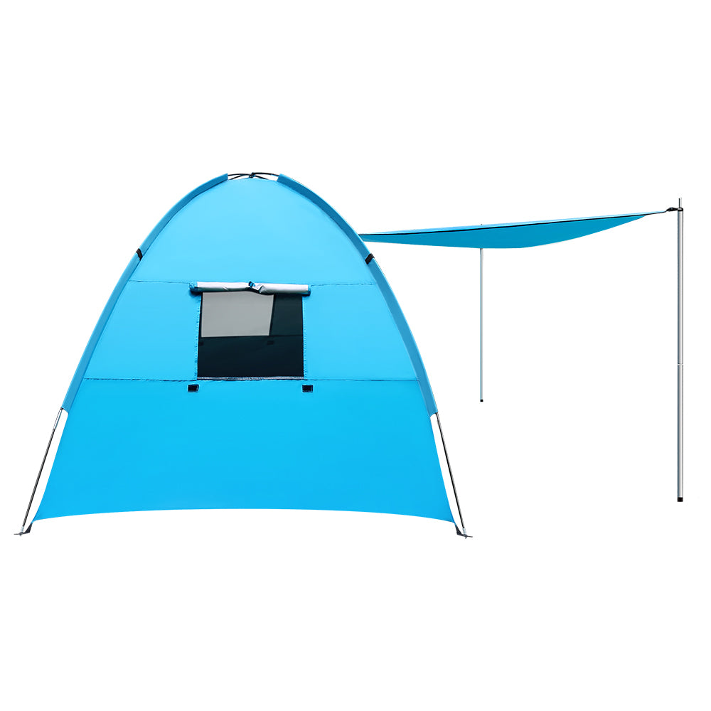 Blue outdoor canopy tent with a window on a white background