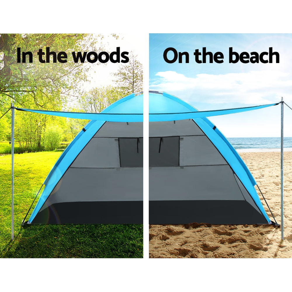 Tent shown in two settings: 'In the woods' and 'On the beach'.