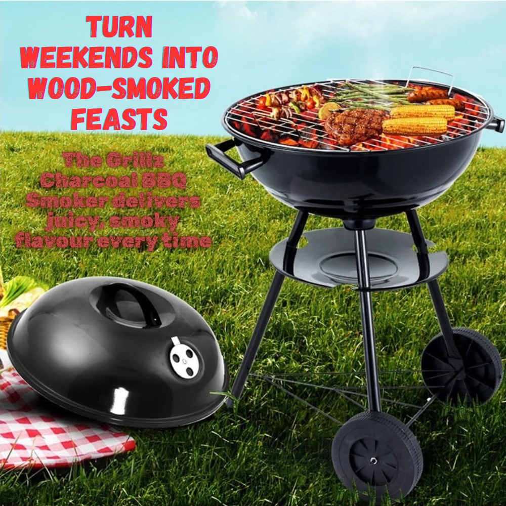 Charcoal BBQ grill with food on a grassy background, promoting wood-smoked feasts.