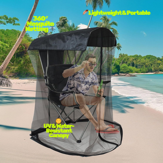 Person sitting in a portable mosquito net chair on a beach with palm trees and blue sky.