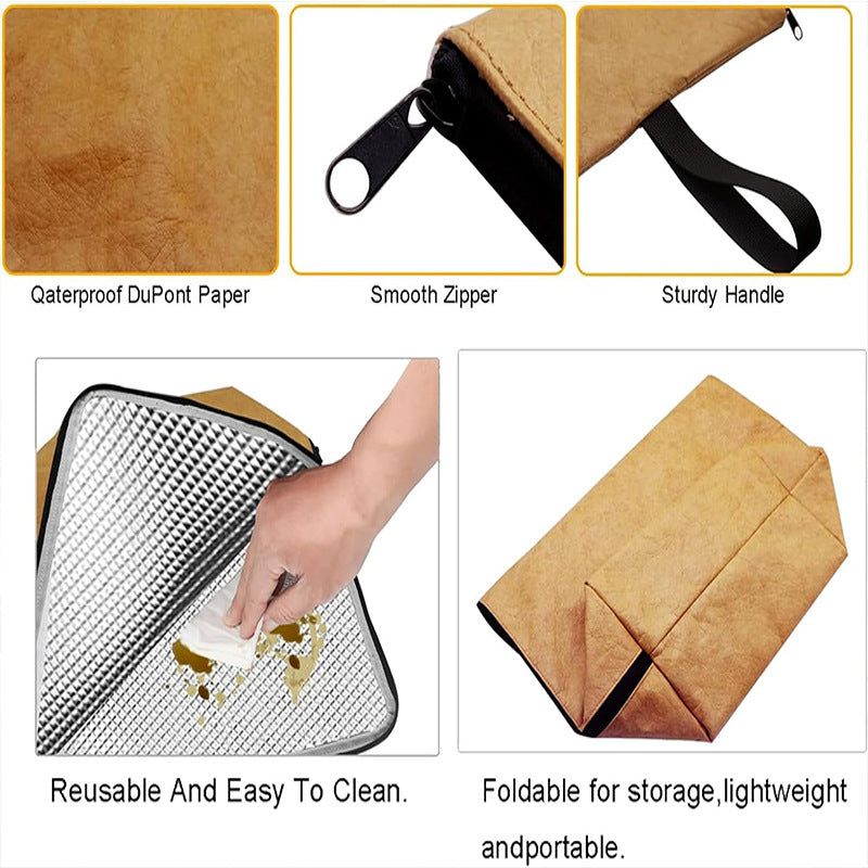 Collage of a brown pouch with features highlighted, including waterproof DuPont paper, smooth zipper, sturdy handle, reusable design, and portability.