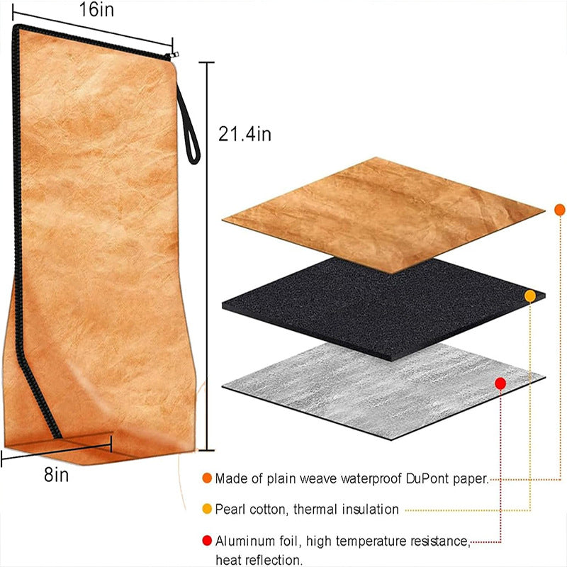 Brown paper bag with dimensions and material layers displayed on a white background