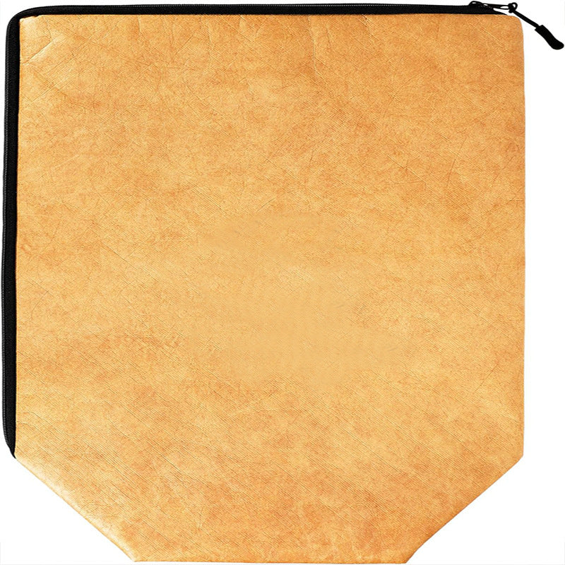 Beige pouch with a black zipper on a white background