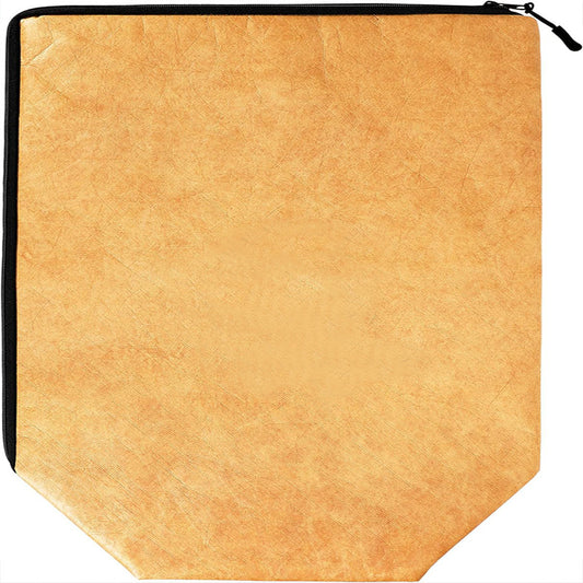 Beige pouch with a black zipper on a white background