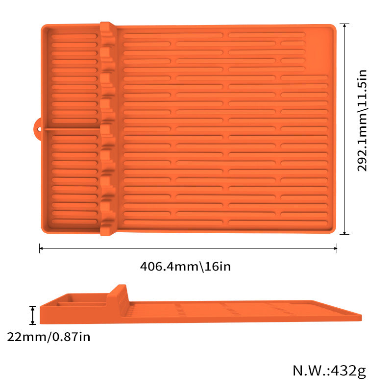 Orange silicone mat with dimensions and weight information on a white background