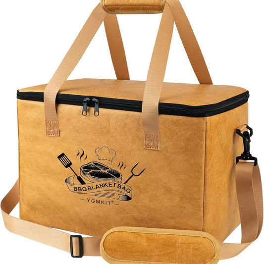 Brown BBQ blanket bag with logo and text on a white background