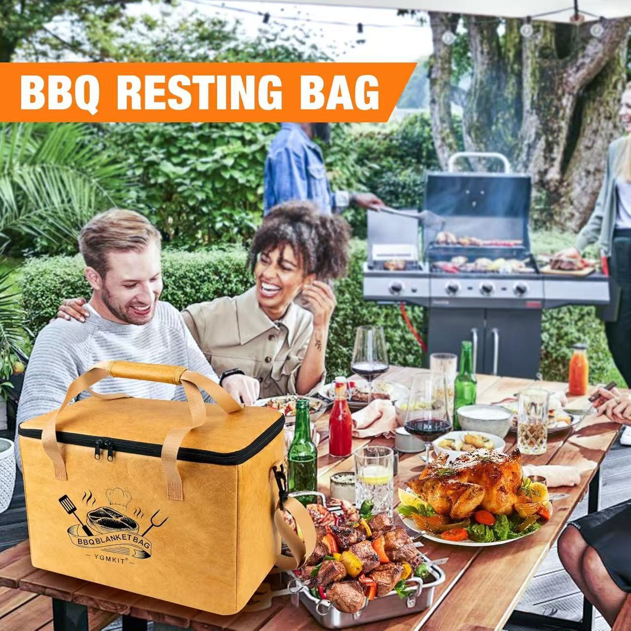 People enjoying a barbecue meal outdoors with a 'BBQ Resting Bag' in the foreground.