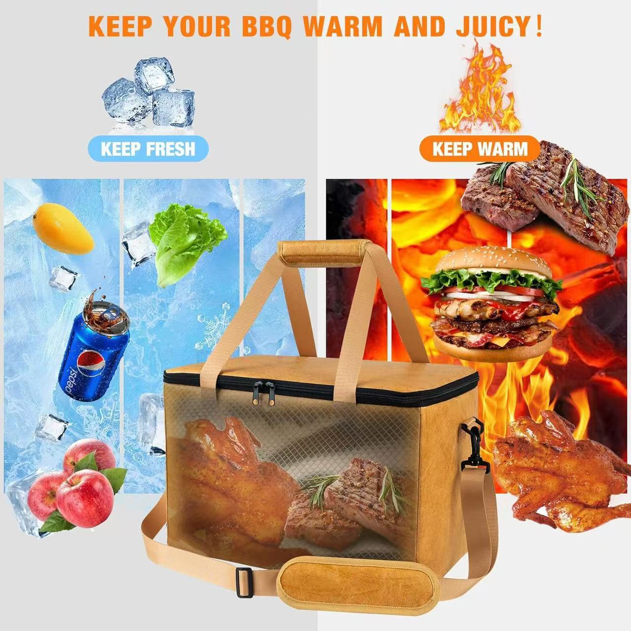 Brown cooler bag with food images on a white background