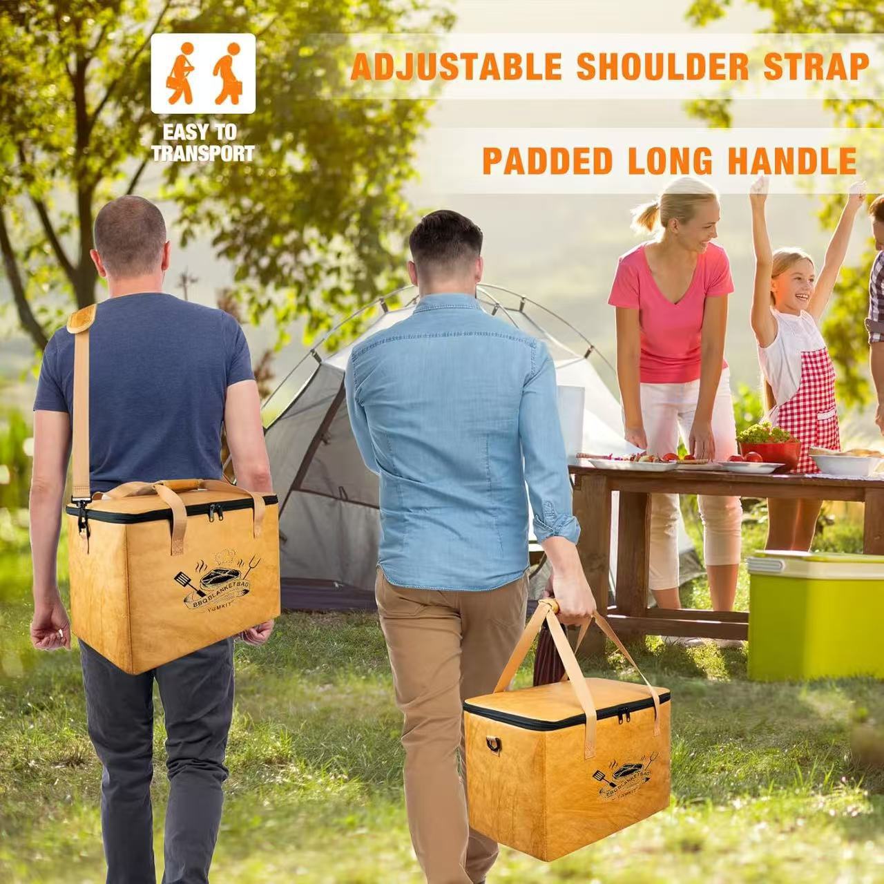Two men carrying yellow coolers with adjustable shoulder straps and a padded long handle in a park setting.