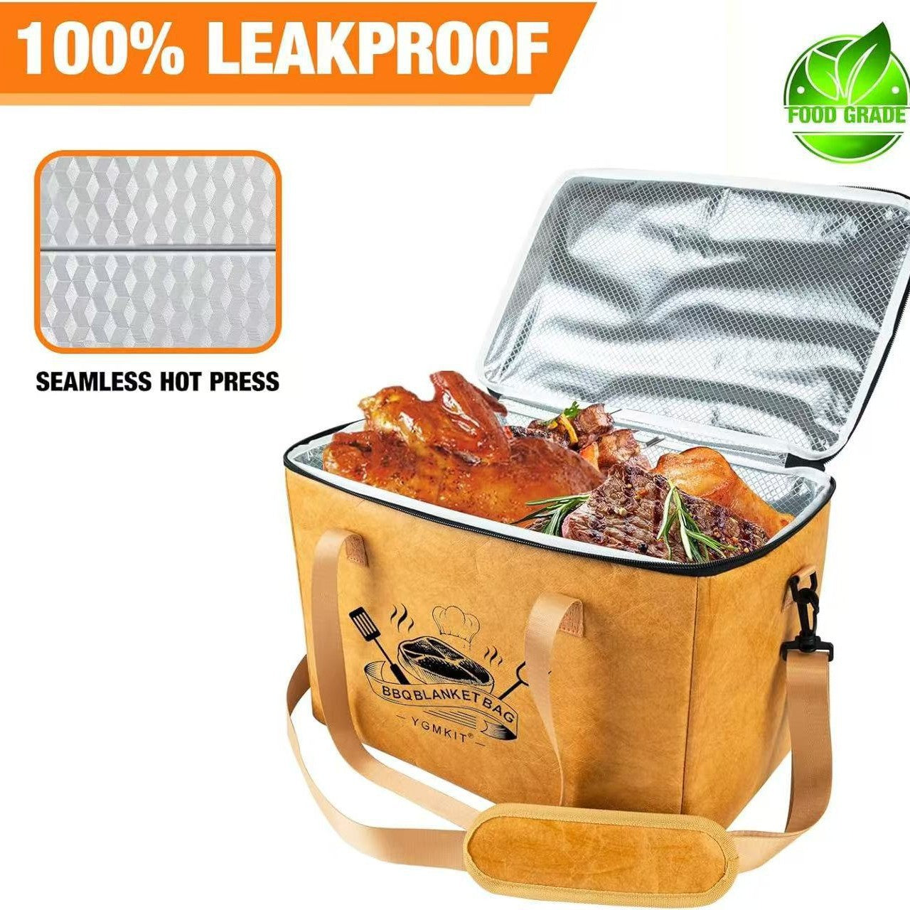 Leakproof food blanket bag with roasted meat, featuring a seamless hot press design.