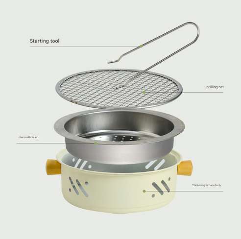 Portable outdoor stove with grill and starting tool on a white background