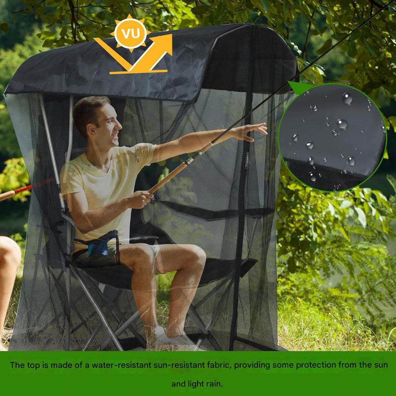 Man using a tree stand with a water-resistant top in a forest setting