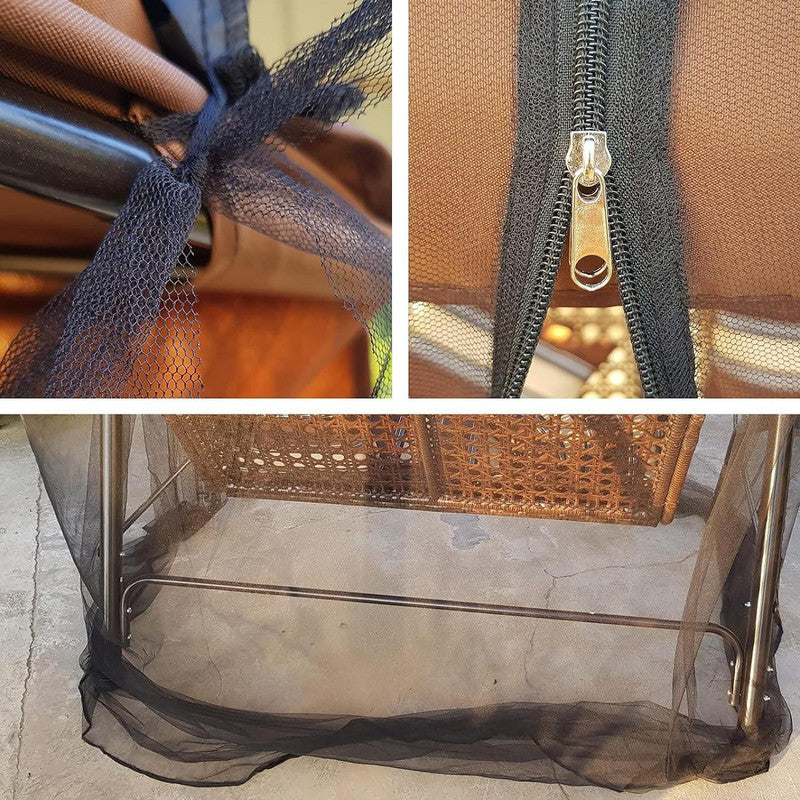 Collage of a black mesh cover on a chair with close-ups of the mesh and zipper.