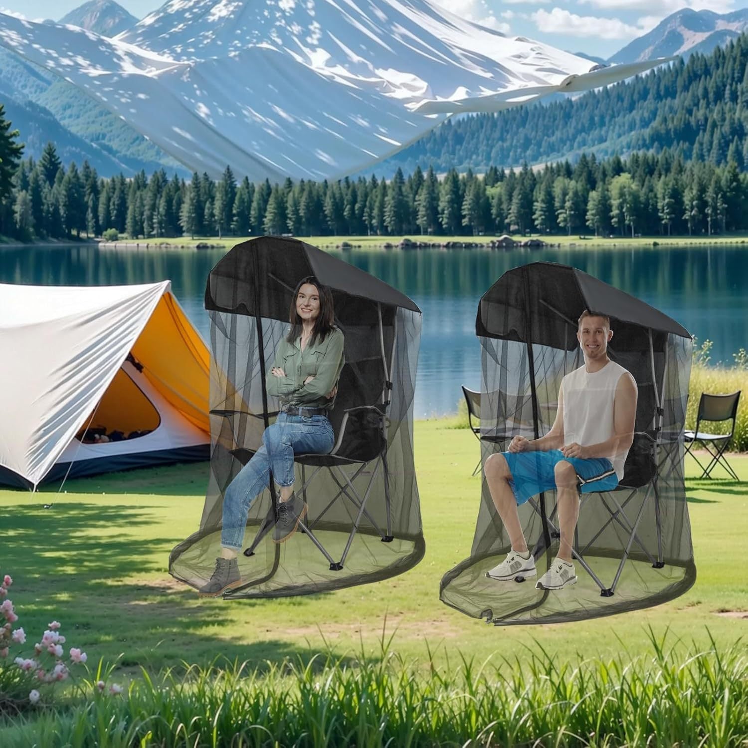 Two people sitting in mesh chairs with screens in a scenic outdoor setting with mountains and a lake.