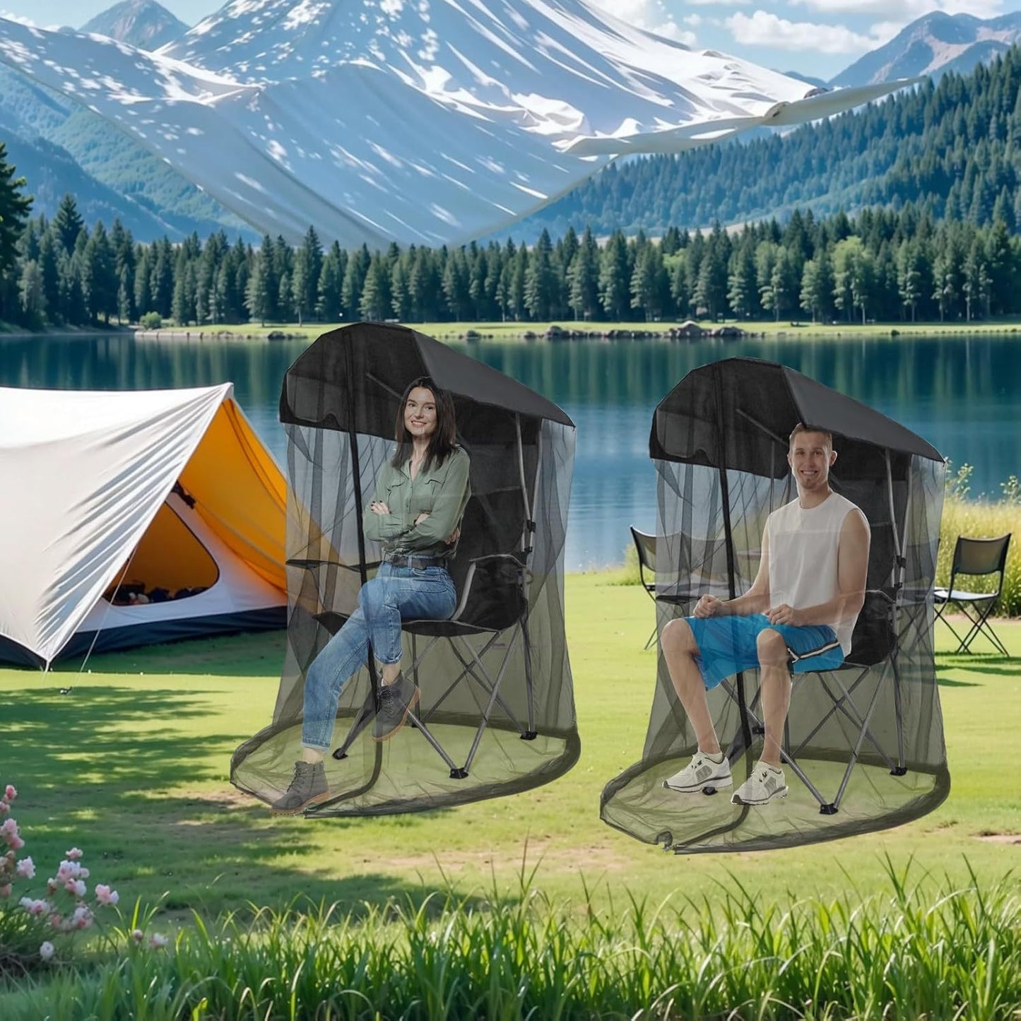 Two people sitting in mesh chairs with screens in a scenic outdoor setting with mountains and a lake.